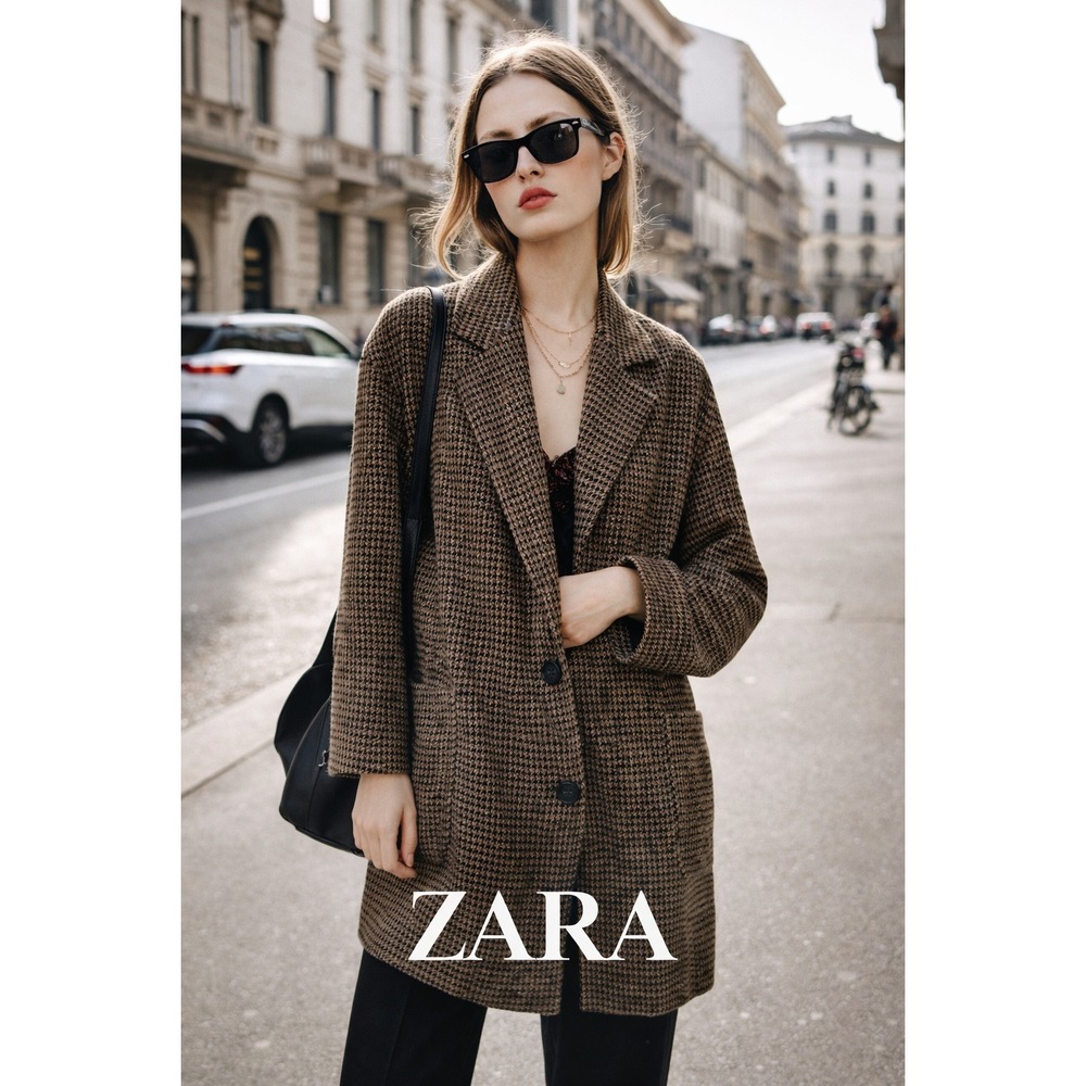 Zara‎ houndstooth coat size M tailored neutral outerwear cool girl